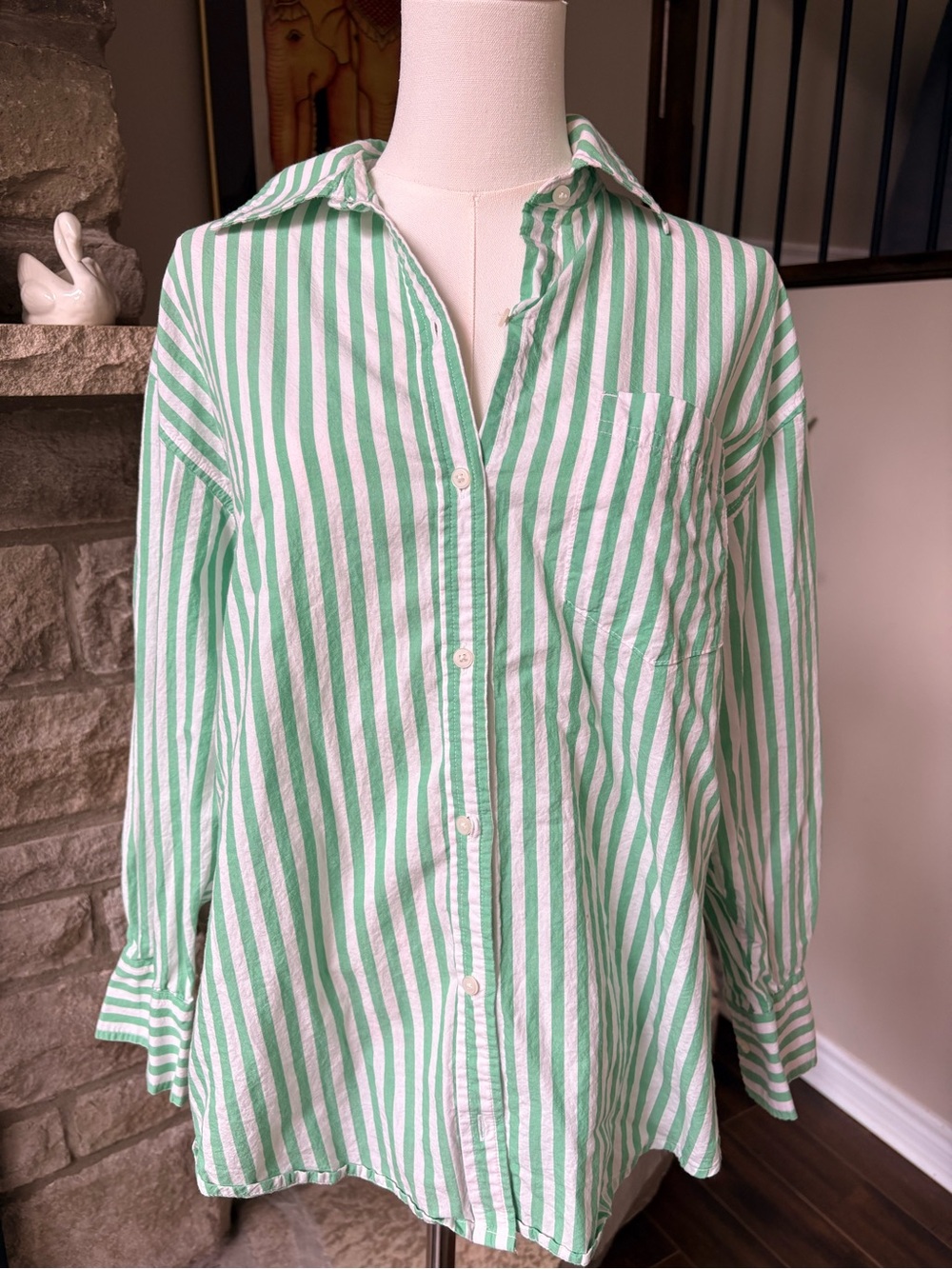 Old Navy Green White Striped Cotton Boyfriend Button Down Shirt XS